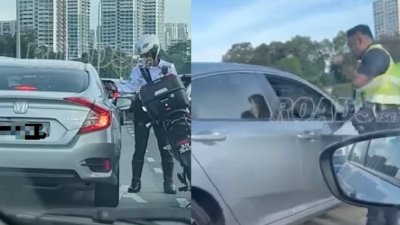 新加坡轿车被大马交警拦下，司机却充耳不闻。（图：ROADS sg）
