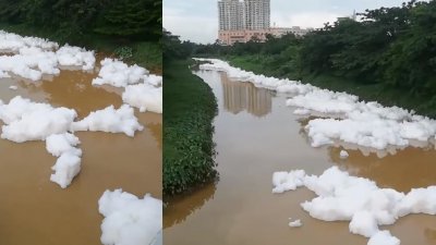 士姑来河面上漂浮大量白色泡沫。