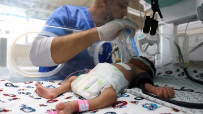 在加沙地带最大的希法医院，一名医务人员10月22日在该院产科病房救助保温箱里早产儿。巴勒斯坦卫生部周三表示，随著燃料耗尽，希法医院将在不到24小时内停止运作。（图取自路透社）
