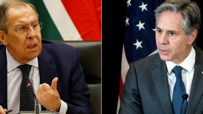 美国国务卿布林肯（右）上周日与俄罗斯外交部长拉夫罗夫通话，并敦促俄方立即释放日前被拘留的美国籍记者。（法新社资料合成照）