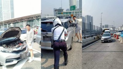 新加坡男子开车载家人入境新山，轿车在柔佛长堤抛锚，交警见状立即协助把轿车推到不阻碍交通的路旁。