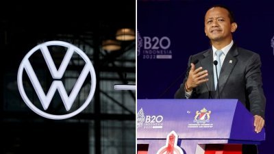 印尼投资部长巴赫利尔表示（右），大众汽车拟与多家企业合作在印尼建立电动车电池生态系统。(图取自路透社)