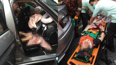 来自同一个家庭的3名华裔男女，在车祸后被困车内，劳动消拯员施援。
