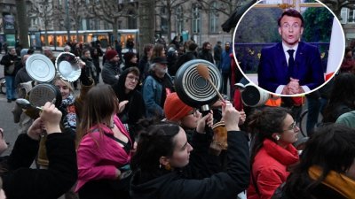 法国总统马克龙（小图）当地时间周一晚就退休制度改革发表全国电视讲话之际，在东部斯特拉斯堡的抗议者们拿著锅碗瓢盆敲打以示他们的不满和愤怒。（图取自法新社）