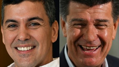执政红党候选人佩纳（左）与主要反对派、新巴拉圭政党联盟的阿莱格里支持度几乎不相上下。阿莱格里曾表示，一旦胜出总统大选，就会改为与中国建交。（图取自法新社）