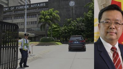 一辆中国外交车辆在周一被拍到进入位于马尼拉的菲律宾外交部。右图为中国驻菲律宾大使黄溪连。（图取自法新社、面子书/Chinese Ambassador to the Philippines Huang Xilian）