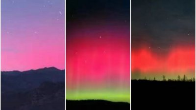 周五晚上分别在北京（左起）、黑龙江和内蒙古拍摄到的极光画面。（图取自中国国家空间天气监测预警中心微博）