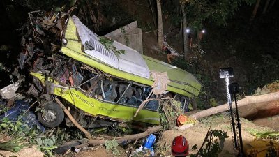 巴士周二坠落菲律宾安蒂克省的一处山崖，严重受损。（图取自伊洛伊洛市减灾与管理办公室/法新社）