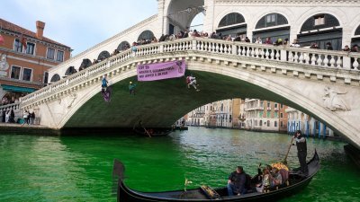 一艘载著游客的贡多拉船划过被染绿的威尼斯大运河。（图取自路透社）