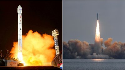 朝鲜在11月21日宣布，成功试射该国首枚军事侦察卫星“万里镜-1”号（左）后不久，韩国在12月4日宣布在济州岛附近海域成功发射一枚固体燃料太空火箭，并成功将一颗民用商业卫星送入太空。（图取自朝中社、韩国国防部、路透社）
