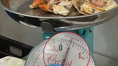 从砂煲捞出的蟹件在餐厅称重后显示只有350克。 （图：受访食客提供）