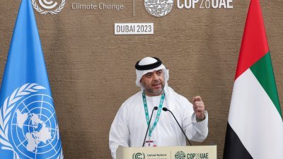 联合国气候变化纲要公约第28次缔约方会议总干事苏瓦伊迪，周二在阿联酋迪拜召开记者会。（图取自路透社）