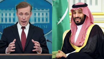 美国白宫国家安全顾问沙利文（左）周三在沙地阿拉伯会见沙地王储穆罕默德，讨论加沙冲突和其他地区问题。（图取自路透社档案照、俄罗斯卫星通讯社/路透社）