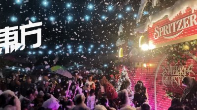太平必胜生态公园举办冬季年终嘉年华，现场“雪花”纷飞，令民众陶醉在浪漫的氛围中。