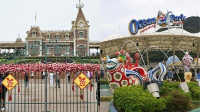 香港迪士尼乐园（左）和海洋公园增聘员工，应对与内地“通关”后增加的客流。（图取自中新社、中通社）