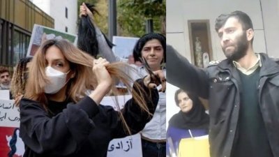 伊朗警员（左图）因未取缔没戴头巾妇女，遭到惩戒；右图为日前伊朗抗议怒火从国内蔓延至全球伊朗社群。 （图取自网络）