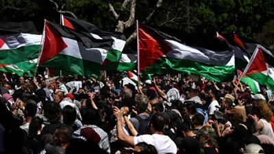 图为去年10月15日，亲巴勒斯坦的抗议者在悉尼海德公园举行的支持巴勒斯坦集会上挥舞旗帜。（法新社档案照）