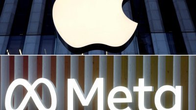 苹果公司（上）和Meta的标志。（图取自路透社）