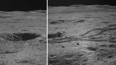 “玉兔二号”月球车发回的图像包括月球车留下的小型撞击坑（左）与车辙（右）。（图取自央视新闻客户端）