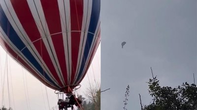左图为游客在景区内拍到的热气球。右图为热气球爆炸后从高空坠落。（图取自网络）