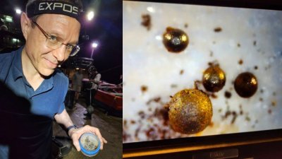 美国哈佛大学知名天体物理学家勒布，认为2014年坠落在巴布亚新几内亚海域的陨石里，可能存在外星科技遗留物体。右图为勒布带回分析的金属球。（图取自勒布Medium网站）