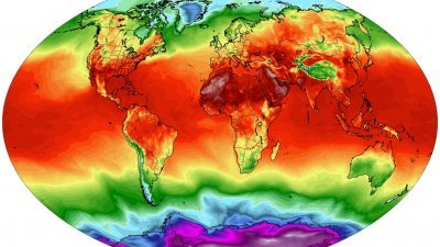 缅因大学气候再分析仪（Climate Reanalyzer）周四的地表以上2公尺平均气温图。（图取自Climate Reanalyzer网站）