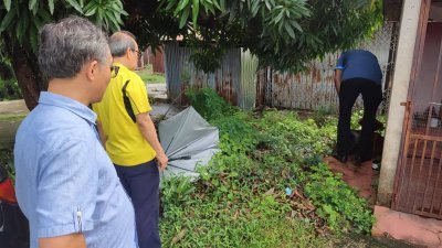 甲州卫生局派员将用作捕抓蚊子和进行研究的黑色罐子，放在垃圾堆附近，左为刘志俍。