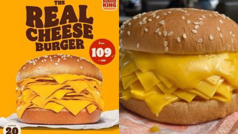泰国汉堡王（Burger King）近日推出了“真芝士汉堡”，不含肉品，却夹进让人目瞪口呆的20片芝士。