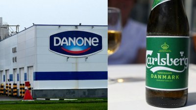 根据周日发布的一项法令，俄罗斯普京签署法令，控制了法国农业企业达能（左）和丹麦啤酒商嘉士伯的俄罗斯子公司的股份。（法新社、路透社档案照）