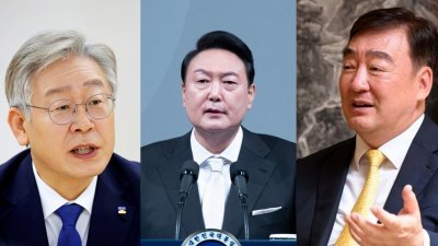 韩国最大在野党共同民主党党首李在明（左起）、韩国总统尹锡悦、中国驻韩大使邢海明。（图取自路透社）