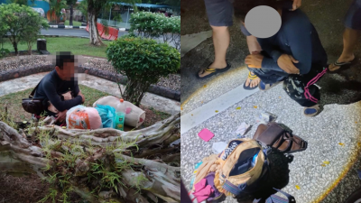 47岁华裔男子被家人拒于门外，携著物品流浪。经警员搜查，发现男子携有吸毒工具及女性内裤。