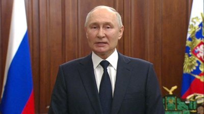 俄罗斯总统普京当地时间周一发表全国电视讲话，首次评论瓦格纳雇佣兵团叛变一事。（图取自Kremlin.ru/路透社）