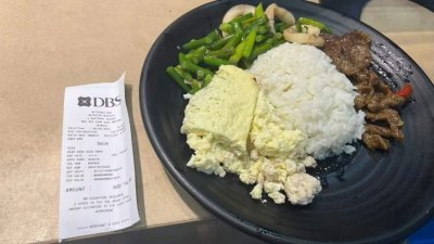 一肉、一菜、一蛋搭配白饭收费16新元（约52令吉80仙），网民吐槽价格不“经济”。
