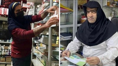 在首都德黑兰的药店里，男同事戴上头巾，对当局的新命令作无声抗议。（图：推特@AlinejadMasih）