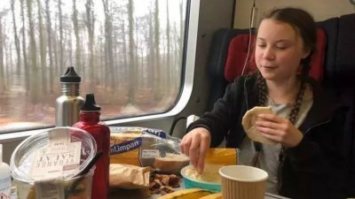 桑伯格曾秀出自己搭火车时的用餐照，满桌的纸杯、塑胶，浪费食物以及食用进口香蕉，与其减碳主张矛盾。 （图取自推特）