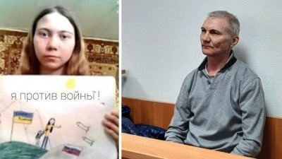 俄罗斯单亲爸爸莫斯卡廖夫（右）因为女儿玛莎画了一张反战图画而被控诋毁军队被判牢2年，他在法院判刑前逃走，过了2天后却在白罗斯首都明斯克被捉回。（图取自推特、SOTA/路透社）