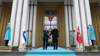 芬兰总统尼尼斯托（左）和土耳其总统埃尔多安本月17日在土耳其安卡拉举行的欢迎仪式上握手。（图取自土耳其新闻办公室/路透社档案照）