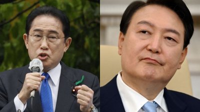 日本首相岸田文雄（左）定于本月7日至8日访问韩国，与韩国总统尹锡悦举行会谈，正式重启日韩“穿梭外交”。（图取自路透社/法新社）