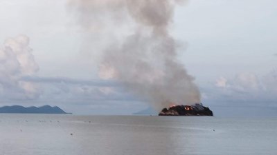 丰盛港象礁岛周四下午被发现失火燃烧，冒出滚滚浓烟。（取自社交媒体）
