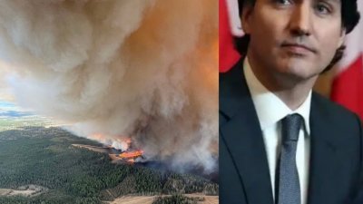 加拿大艾伯塔省当地时间5日发生严重野火，火势升起浓厚烟柱。总理特鲁多（右）当地时间周一表示，将努力确保在关键时刻援助艾伯塔人民。（图取自艾伯塔野火/路透社）