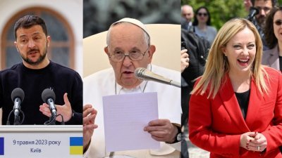 消息人士称，乌克兰总统泽连斯基（左起）预计当地时间周六将到访意大利，与天主教教宗方济各和意大利总理梅洛尼会面。（图取自路透社和法新社）