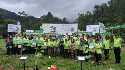 怡保班台医院逾60名管理层、护士和医生、以及霹州森林局等代表，完成种植203棵树；前排左起是张少芳、张雪芳、郑国霖、西蒂德丝玛及达士。