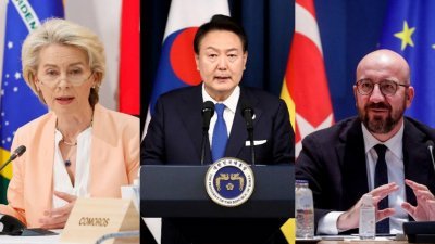 韩国总统尹锡悦（中）周一下午，将在韩国首尔龙山总统府，同欧盟委员会主席冯德莱恩、欧洲理事会主席米歇尔举行会谈。（图取自路透社）