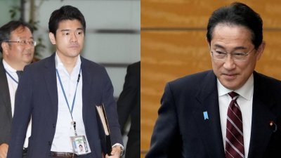 日本首相岸田文雄（右）32岁长子岸田翔太郎，将于6月1日辞去首相秘书官职务。（图取自日本共同社/台湾中央社；路透社档案照）