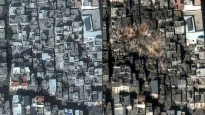 图为加沙地带贾巴利亚难民营在周二首次遭以军空袭的前（左）后对比卫星图。以军在周三再次空袭贾巴利亚难民营。（图取自Satellite image ©2023 Maxar Technologies /法新社）
