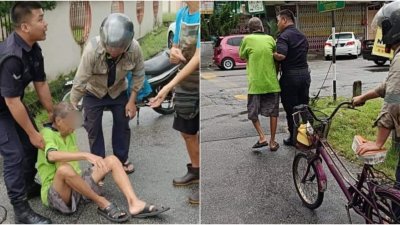 警员扶著肚饿乏力的老翁前往茶室用餐，而一名热心人士也协助将脚车牵往茶室。（图取自警方面书）