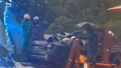 轿车失控撞树，警方消拯人员到场救援。图截自视频