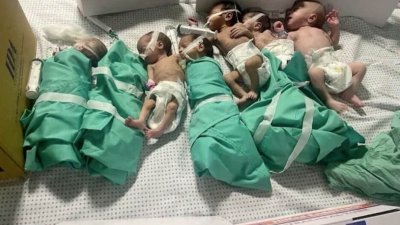 燃料耗尽的加沙走廊西法医院断电后，新生儿被从保温箱中抱出后放在床上。