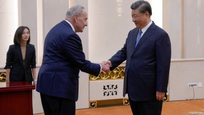 中国国家主席习近平（右）周一下午在北京人民大会堂会见来访的美国参议院多数党领袖舒默，两人在会谈前先握手。（图取自路透社）