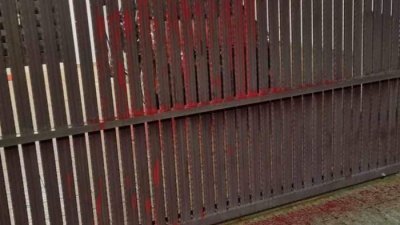 米都一住家的篱笆门，疑遭点错相的大耳窿泼红漆。